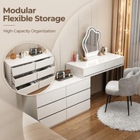 Coiffeuse de chambre minimaliste en bois haute capacité avec 8 tiroirs et armoire de rangement latérale – Bureau de maquillage spacieux