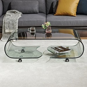 Tavolino da Caffè Moderno in Vetro Trasparente Stile Nordico con Design in Vetro Curvato, Struttura in Metallo e Ruote, Personalizzabile per <span class=keywords><strong>Soggiorno</strong></span> e Uso Domestico - Product Image 4