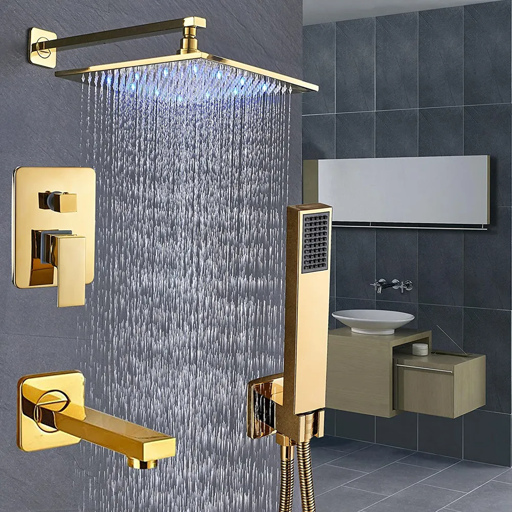 Bathroom Faucet Aquacubic Brushed Gold Bath Tub Shower System Bathroom Rain Shower Head Shower Set With Handheld Combo Set Tub Spout