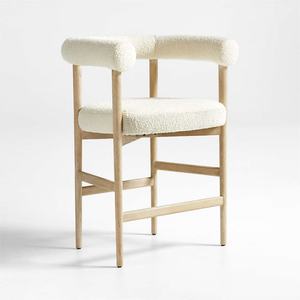 Tabouret de bar moderne en bois avec coussin en velours blanc Teddy, pieds en bois, dossier incurvé, pour cuisine - Product Image 1