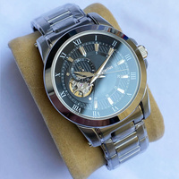 Jam Tangan Mekanik Valerius untuk Pria, Dial Hitam Berlubang Model Open Heart, Tali Baja