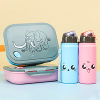 Boîte à lunch carrée pour enfants, style dessin animé, avec gourde, ensemble de 4 compartiments, récipient en plastique, compatible micro-ondes, pour l'école