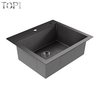 Évier de cuisine TOPHOME en acier inoxydable 304 fait main, 16 jauges, cuve simple, accessoires de robinetterie, surface brossée, moderne, noir-gris, facile à installer