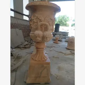 decorative hand carved big beige marble stone stand garden flower pots