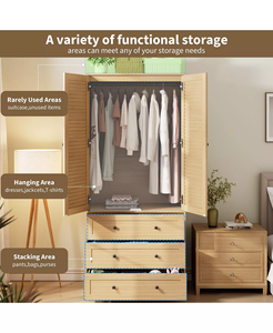 Armoire de chambre moderne avec 3 tiroirs, armoire en bois de 69,5 pouces avec tringle de suspension, 2 portes, rangement mural pour vêtements - Product Image 5