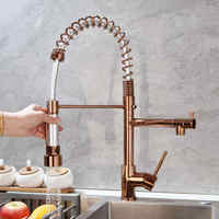 Robinet de cuisine professionnel en acier inoxydable noir mat et or rose, avec bec à ressort, monocommande et double sortie