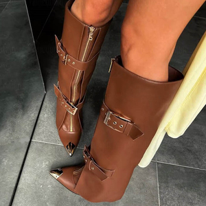 Women's Metal Pointed Toe Knee High <b>Boots</b> Ladies Buckles High Heels Overlay Shoes Front Zipper Pants Long Booties - Product Image 2