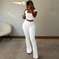 Nuevo Conjunto de 2 Piezas para Mujer, Verano, Manga Corta, Cuello en U, Pantalones con Puños, Color Sólido, Conjunto de Loungewear Acanalado