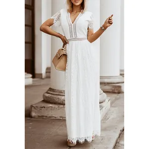 जल्दी शिपिंग स्टॉक थोक महिलाओं आधुनिक लंबी फीता मैक्सी पोशाक सफेद