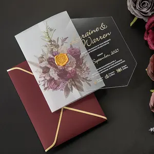 Invitations en acrylique transparent de forme créative 2 couleurs avec couvercle en vélin sceaux de cire cartes d'invitation de mariage en acrylique de luxe