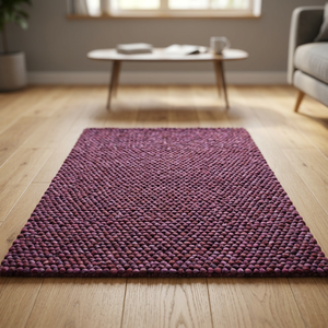 Tapis moderne fait main en violet, tissé avec des galets de laine, à poils longs, avec envers en coton écologique, rectangulaire fin, fabriqué en Inde - Product Image 2