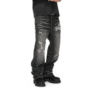 Pantalones Vaqueros de Mezclilla Pesada de Alta Calidad con Logotipo Personalizado, Lavado Desgastado, Estilo Desgastado y Roto Irregular para Hombre, Venta al por Mayor - Product Image 4