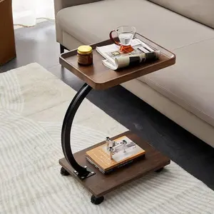 客厅家具咖啡储物桌简单C形边桌双层滚动方形边桌带滚轮的咖啡桌
