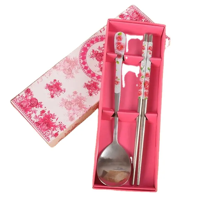 Palillos de acero inoxidable de grado alimenticio, cuchara rosa, regalo de Navidad