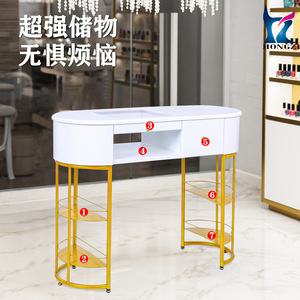 HONGZI <b>Nail</b> Art <b>Table</b> Double Layer Storage Salon Furniture White Gold Frame Waterproof Surface - Product Image 2