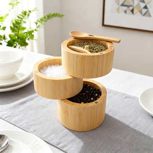 Caja de especias dividida con neumáticos de madera de bambú 3/4 con tapa giratoria y cuchara - Product Image 2