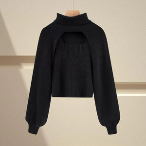 Conjunto de <span class=keywords><strong>Dos</strong></span> Piezas de Suéter de Punto Personalizado con Cuello Alto para Mujer, Diseño Calado, Suéter de Cachemira, Bolero de Punto - Product Image 4