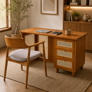 Japandi <b>Solid</b> Teak Eco-Friendly Durable Office <b>Desk</b> Cane Panel Storage Upholstered Chair <b>Wooden</b> Workspace Furniture Collection - Product Image 1