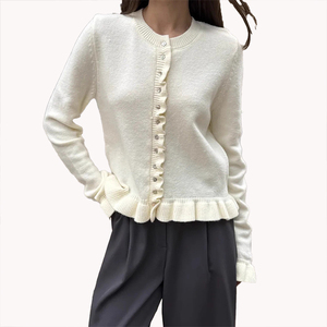 Autumn Winter <b>Long</b> Sleeve Ruffle Hem Knit <b>Cardigan</b> Single Breasted Casual Solid Color Sweater New Arrival Knitwear - Product Image 2