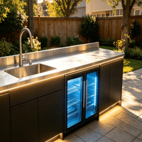 Îlot de cuisine extérieur moderne de luxe en acier inoxydable durable, comptoir de bar de patio résistant aux intempéries avec évier intégré et éclairage LED, crédence intégrée