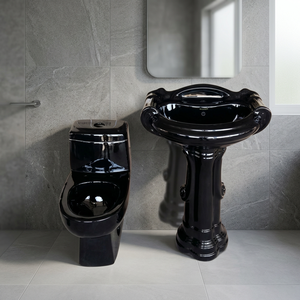 Hot Black Color High Quality Bathroom Suit Ceramic One Piece Toilet Commode with Pedestal Wash Basin in Porcelain Product - Product Image 2