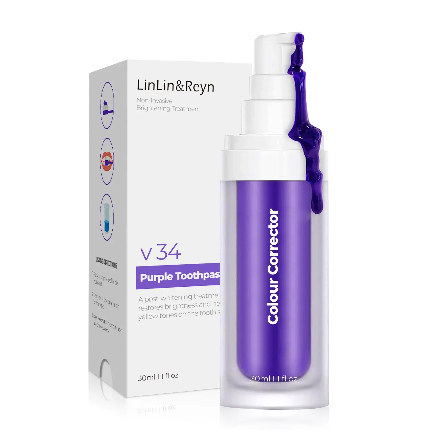 Dentifrice professionnel violet pour le blanchiment des dents OEM 30ml V34 sérum correcteur bon marché Logo privé