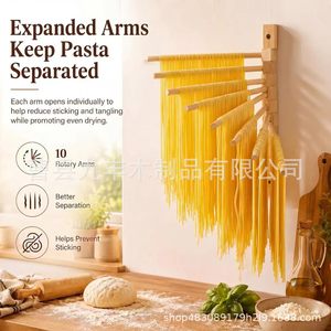ราวตากเส้นก๋วยเตี๋ยวไม้ 10 แขนหมุน สำหรับแขวนเก็บเส้นพาสต้าในครัว - Product Image 1
