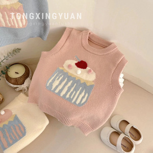 Tongxingyuan Girl's Knitted Vest Off White Cartoon Cupcake Design Spring Autumn Baby Girls Clothing - Product Image 4