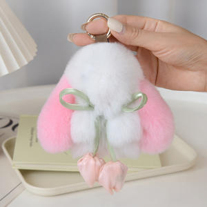 Llavero de piel de conejo Rex, muñecos con borlas, colgante de conejito bonito, adornos esponjosos, conejo de peluche - Product Image 2