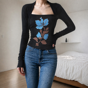 Color Block Floral Print Square Neck Knit <b>Top</b>, Long Sleeve Women's T Shirt, <b>Y2K</b> Retro Streetwear Casual Fashion Style - Product Image 2