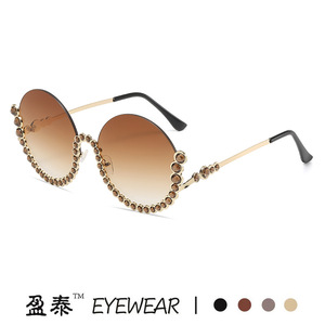 Round Diamond-Studded Metal Sunglasses Gold <b>Frame</b> <b>Pink</b> Gradient Lens Women UV400 Protection - Product Image 5