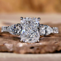 Anillo de Compromiso con Diamante Cultivado en Laboratorio de 2 Quilates, Corte Radiante, Tres Piedras Redondas Laterales, Oro Sólido de 14K/18K, Certificado IGI, CVD/HPHT, Personalizado
