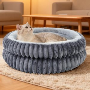 Washable Round Indoor Luxury Super Soft <b>Plush</b> Faux Fur Pet <b>Cat</b> Kitten Bed with Anti-Slip Bottom - Product Image 1