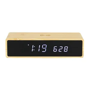 Acrílico bambú LED temperatura fecha hora pantalla despertador de madera con cargador inalámbrico 24/12 Horas Reloj despertador