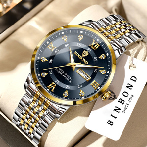 Binbond Men's Quartz Watch Stainless Steel Band Waterproof Luminous Calendar Day Display Analog Wristwatch 12mm - Product Image 1