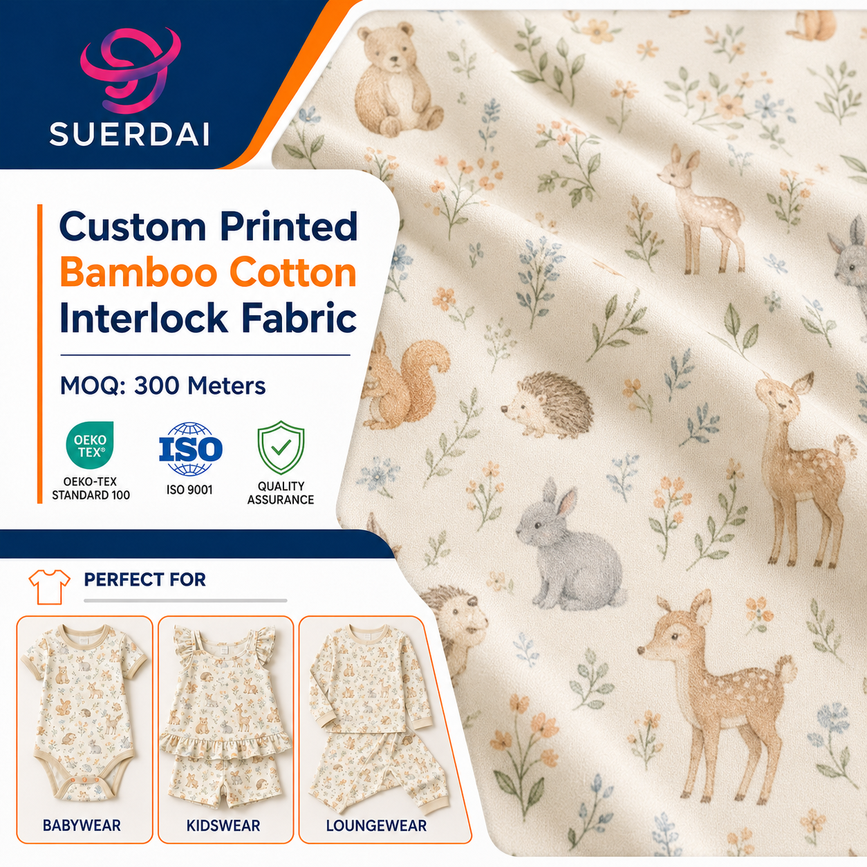 Premium Custom Print Bamboo Cotton Blend Interlock Fabric for Kidswear Baby Brand Soft Stable Knit Fabric Bulk Supply