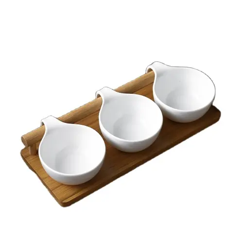 Bambu Charcutaria Placa com 3pcs Cerâmica Tigelas Casa Aquecimento Presentes New Home Present Snack Bowl conjuntos Festa Madeira Snack Bandeja