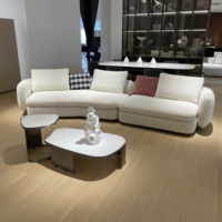 Weißes Bouclé Gebogenes Modulares Ecksofa mit Niedrigem Profil und Runder Armlehne, Stoffbezug, Holzrahmen, Eckcouch für Wohnzimmer und Zuhause