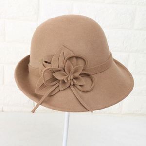 Women Elegant Autumn Winter Wool Felt Cloche <b>Hat</b> Casual Fashion Wool Felt Bucket <b>Hat</b> with Floral Accent - Product Image 2