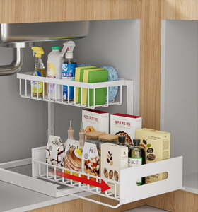 Meuble de rangement multifonctionnel à 2 niveaux blanc et noir, gain de place, avec tiroirs coulissants sous l'évier pour <span class=keywords><strong>cuisine</strong></span> - Product Image 2