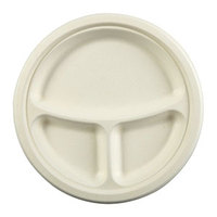 Assiette ronde 10 pouces à 3 compartiments en bagasse de canne à sucre 100 % compostable et biodégradable, qualité alimentaire, jetable