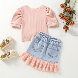 Children's Summer Clothes 2023, Girls Pit Strip Short-Sleeved Top Lace Lace Denim Bag Hip Skirt <strong>Suit</strong> Outfits for Teenage Girls/ - Product Image 2