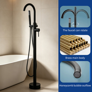 Grifo de Bañera de Lujo Negro Mate, Independiente, de Latón Sólido, con Montaje en el Suelo y Set de <span class=keywords><strong>Ducha</strong></span> Manual de Alta Presión - Product Image 1