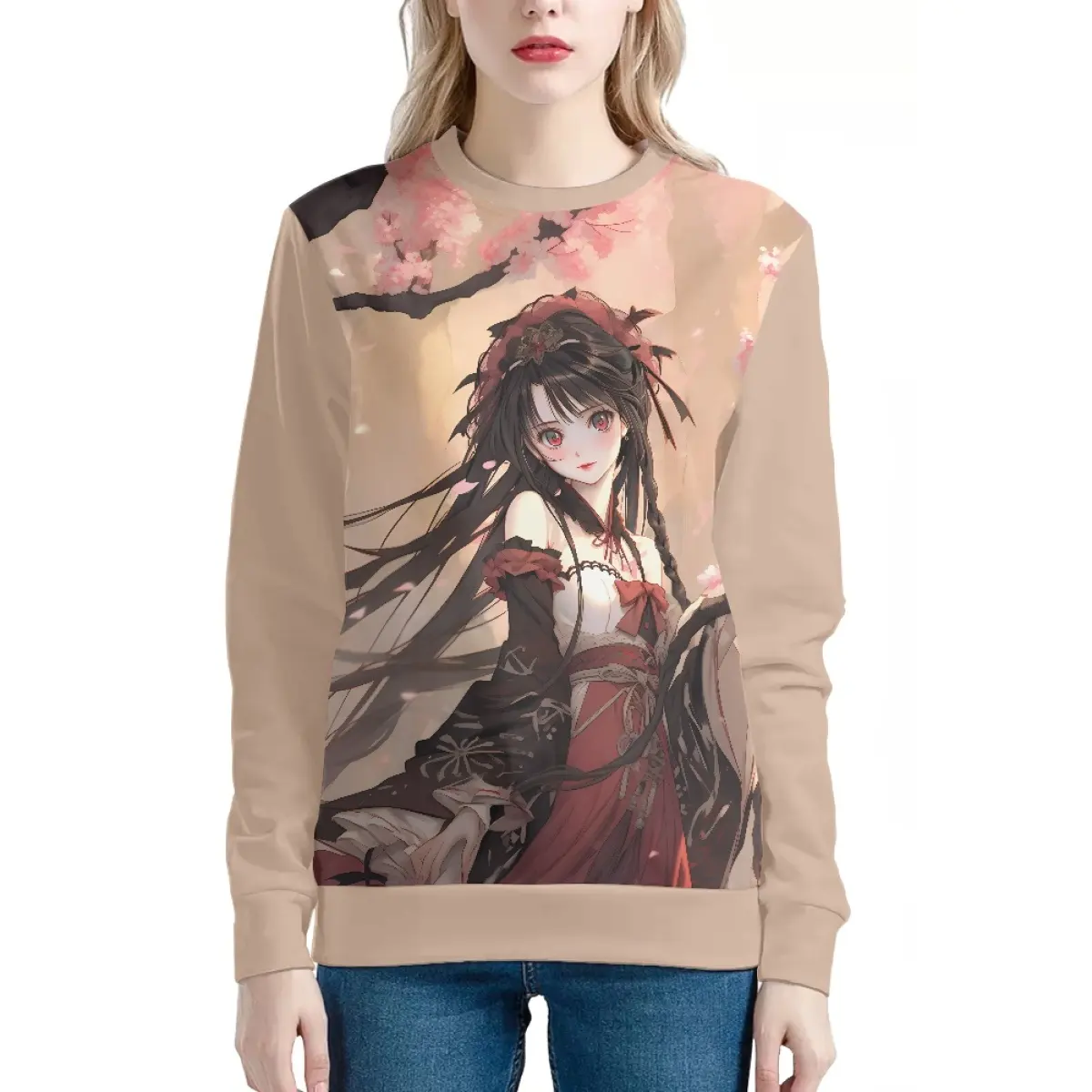 Frauen Round Neck Sweater Cartoon Style Print Japanisches Anime Girl Under The Flower Sweatshirt Ohne Hoodie Loose Casual Female