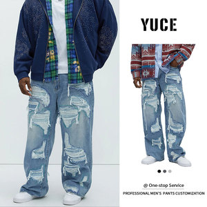 YUCE Jeans pour homme de haute qualité, style streetwear, vintage, personnalisés, déchirés, usés, amples, coupe droite, style <span class=keywords><strong>mendiant</strong></span> - Product Image 2