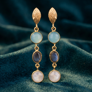 Pendientes Colgantes de Plata de Ley .925 de la Mejor Calidad con Oro, Piedra Lunar Arcoíris, Calcedonia Aqua y Labradorita, Regalo de Boda Moderno y Elegante - Product Image 3