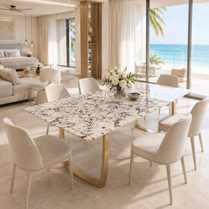 Table à manger personnalisée en quartzite Bianco Fiorla, plateau rectangulaire, style moderne, pour villa, 6 à 8 places, pieds en métal, mobilier en pierre - Product Image 5