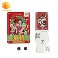 Jeu de cartes de mahjong Lion Dance en dessin animé avec boîte en étain rouge, 144 pièces, jeu de mahjong portable pour fête de famille