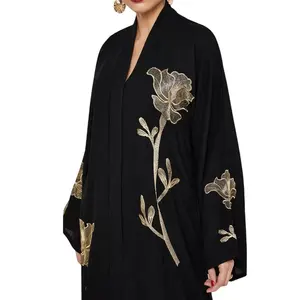 Vestido bordado feminino, design preto floral bordado pescoço abaya vestido mulheres roupa islâmica vestidos de manga longa abaya novo, 2021
