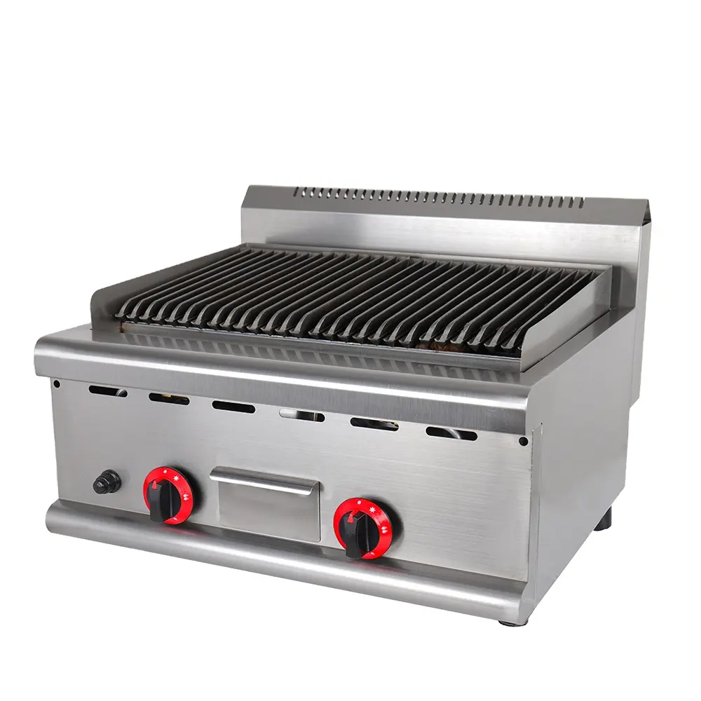 Commerciële Aanrechtblad Rvs Barbecue 2 Brander Lava Rock Steen Rotisserie Grill